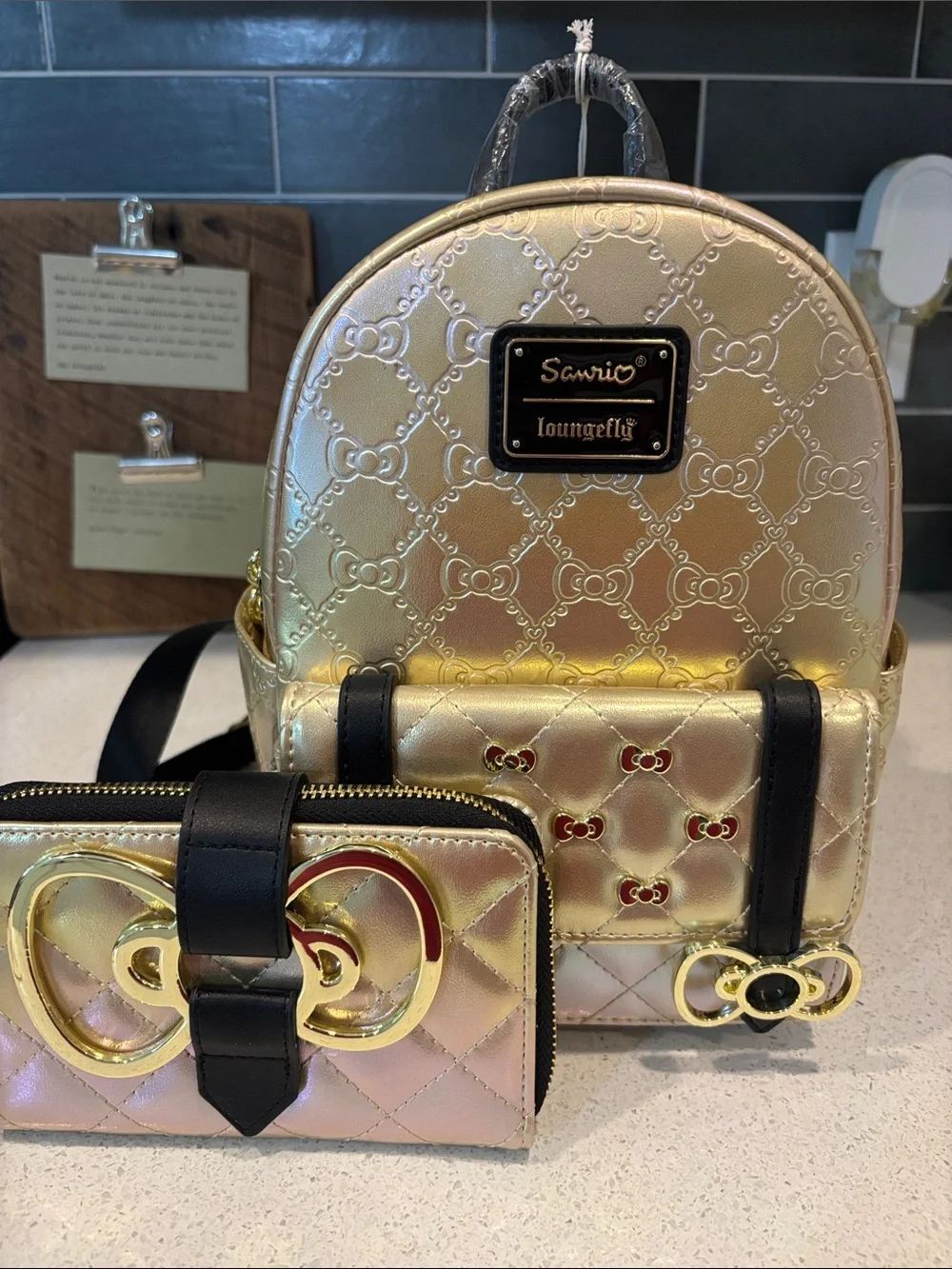 Loungefly Sanrio Hello Kitty Iridescent Gold Mini Backpack and Wallet Set NWT